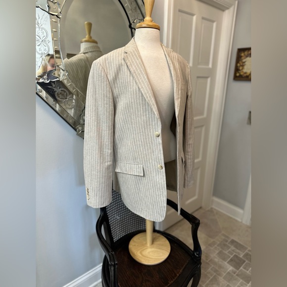 NWOT Beige White Perry Ellis Pin Stripe Linen Cotton Stud Boss Blazer 42R - Picture 2 of 15